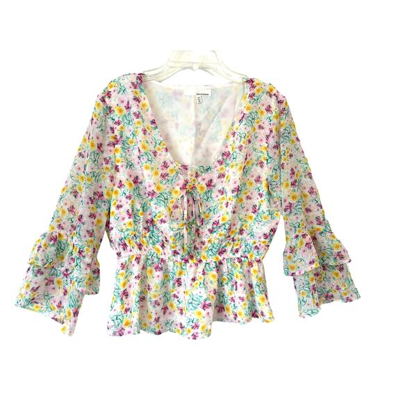 Boho Feminine Coquette Blouse Floral Ruffle Semi-Sheer Sleeve Med June & Hudson‎ - Picture 1 of 6